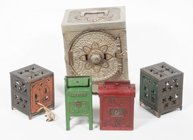 (5) ANTIQUE CAST IRON COIN BANKS