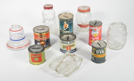 (11) VINTAGE ADVERTISING CAN & GLASS COIN BANKS