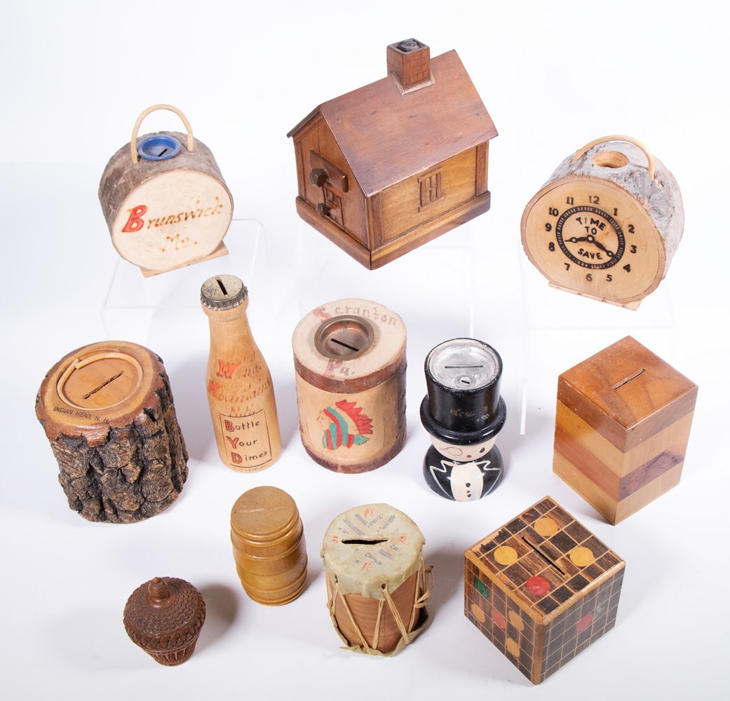 (12) VINTAGE WOODEN COIN BANKS (1 of 1)