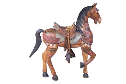 LATE 20TH C ANGLO-INDIAN CAROUSEL TYPE HORSE PLUS CHILD'S SADDLE