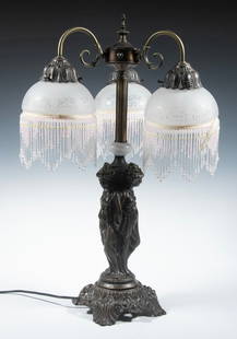 REPLICA ART NOUVEAU BOUDOIR TABLE LAMP: Bronze Based 'Three Graces' Lamp with three domed etched glass floral shades having dagged edge pink glass bead fringe, roughly 25" x 15" diam, including 6" shades.From the private collection of Sally