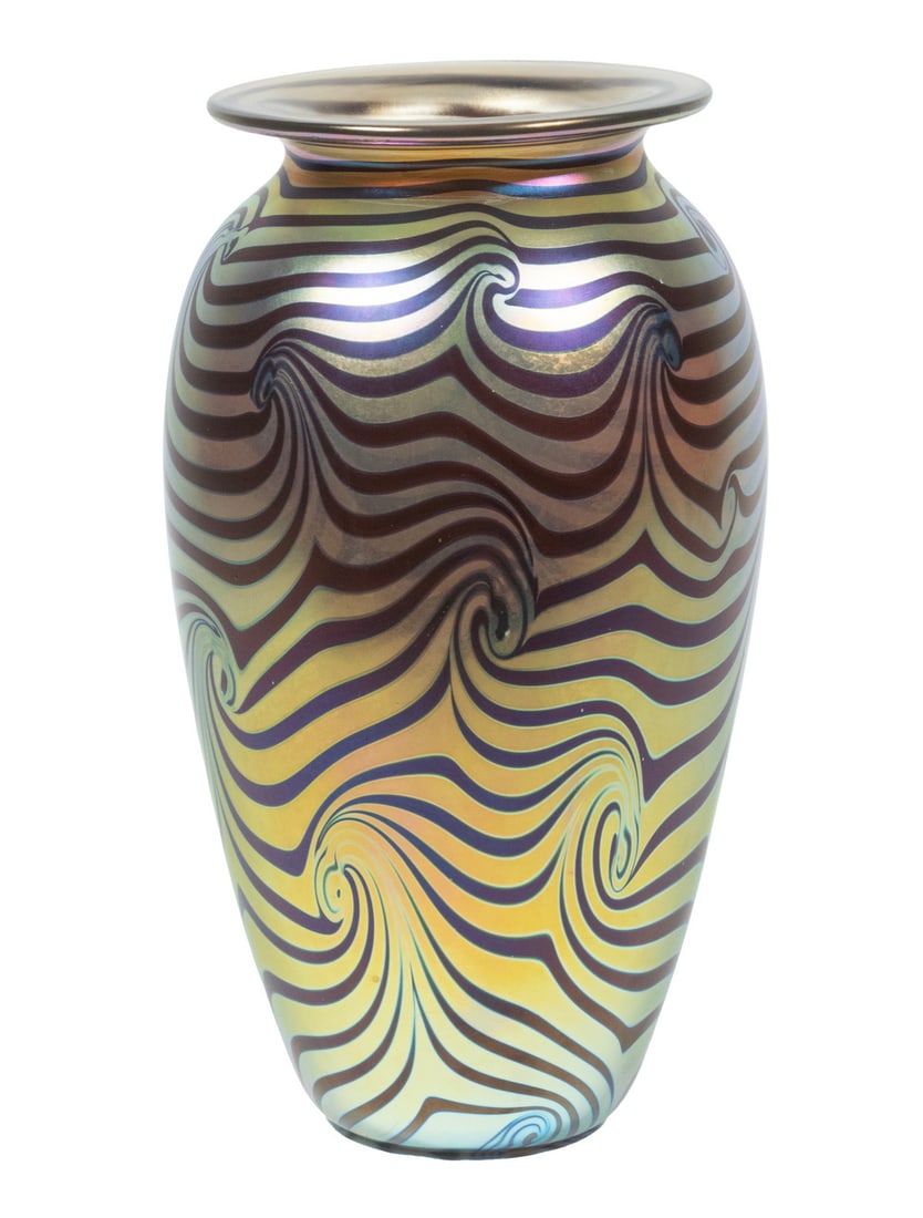 ROBERT EICKHOLT (OH/CA, 1947- ) ART GLASS VASE: Iridescent Art Glass Vase, high shouldered form with flat rim and swirled decoration, signed and dated 1993 on base, also marked "VLKT".From the private collection of Sally Jessy Raphael Converted dim