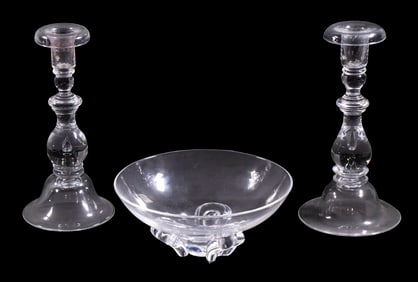 STEUBEN ART GLASS CANDLESTICKS & BOWL