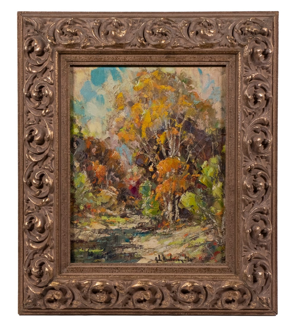 JOHN NACHORNY (OH/LA/POLAND, 1908-1989): Autumn Trees, impasto oil on canvas board, signed lower right and dated '66, in replica gilt gesso frame.From the Estate of Bowdoin Professor William Collins Watterson. Converted dimensions: Sight: 9