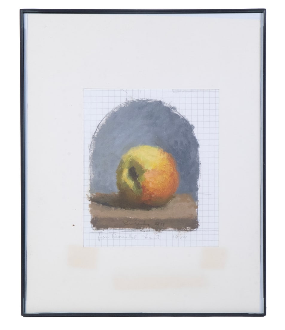 ROBERT MOORE KULICKE (NY/MA/ FRANCE, 1924-2007): Single Peach against a Slate Background, acrylic on gridded paper, in tombstone format, signed and dated '84 within painting at bottom, also inscribed in lower margin "for Donald Lent, 1984". In black