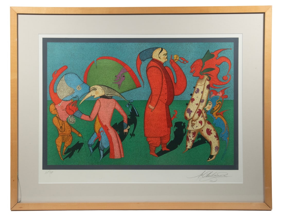 MIHAIL CHEMIAKIN (NY/RUSSIA, 1943 - ): Carnival, color litho, pencil signed and numbered 169/300, in birch box frame, matted under glass, glass cracked lower left corner.From the private collection of Sally Jessy Raphael Converted dimensio