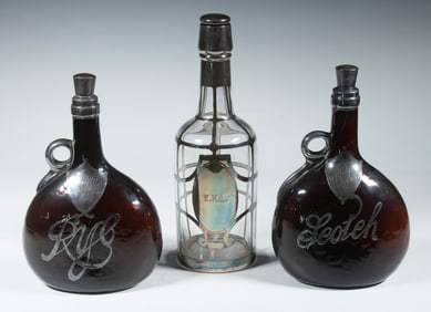 (3) SILVER OVERLAY LIQUOR BOTTLES