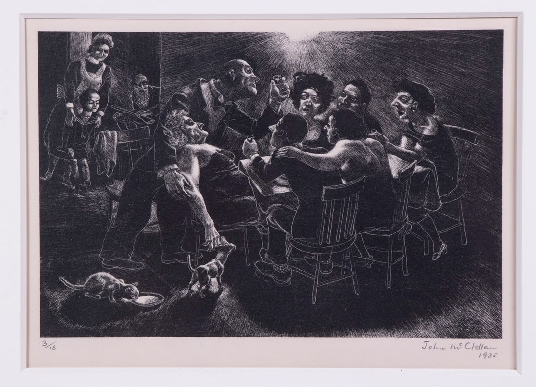 JOHN WARD MCCLELLAN (NY, 1908-1986): Toast to the Betrothed, 1932, etching on wove paper, pencil signed and dated, numbered 3/15, unframed, in mat. Converted dimensions: Sight: 5 3/4 x 9 in. (14.6 x 22.9 cm.)