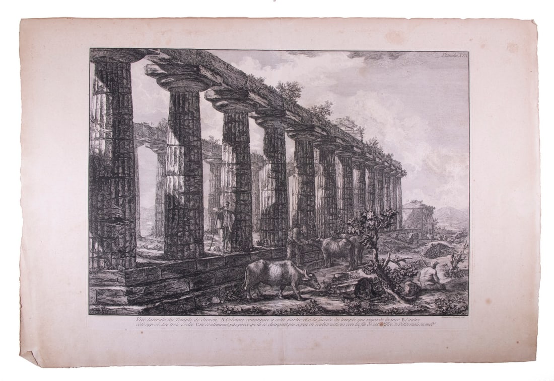 FRANCESCO PIRANESI (ITALY, 1758-1810): Vue laterale du Temple de Junon, (Side view of the Temple of Juno…), 1778, engraving, signed in plate. From "Differentes Vues De Quelques Restes De Trois Grands Édifices Qui Subsistent Enco