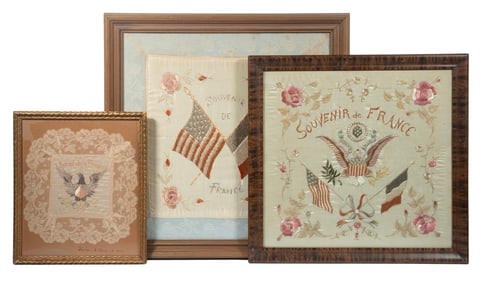 (3) FRAMED WWI FRENCH EMBROIDERED PATRIOTIC TEXTILES