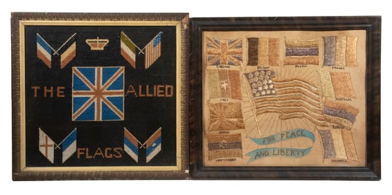 (2) FRAMED WWI ERA ALLIED FLAGS NEEDLEWORKS