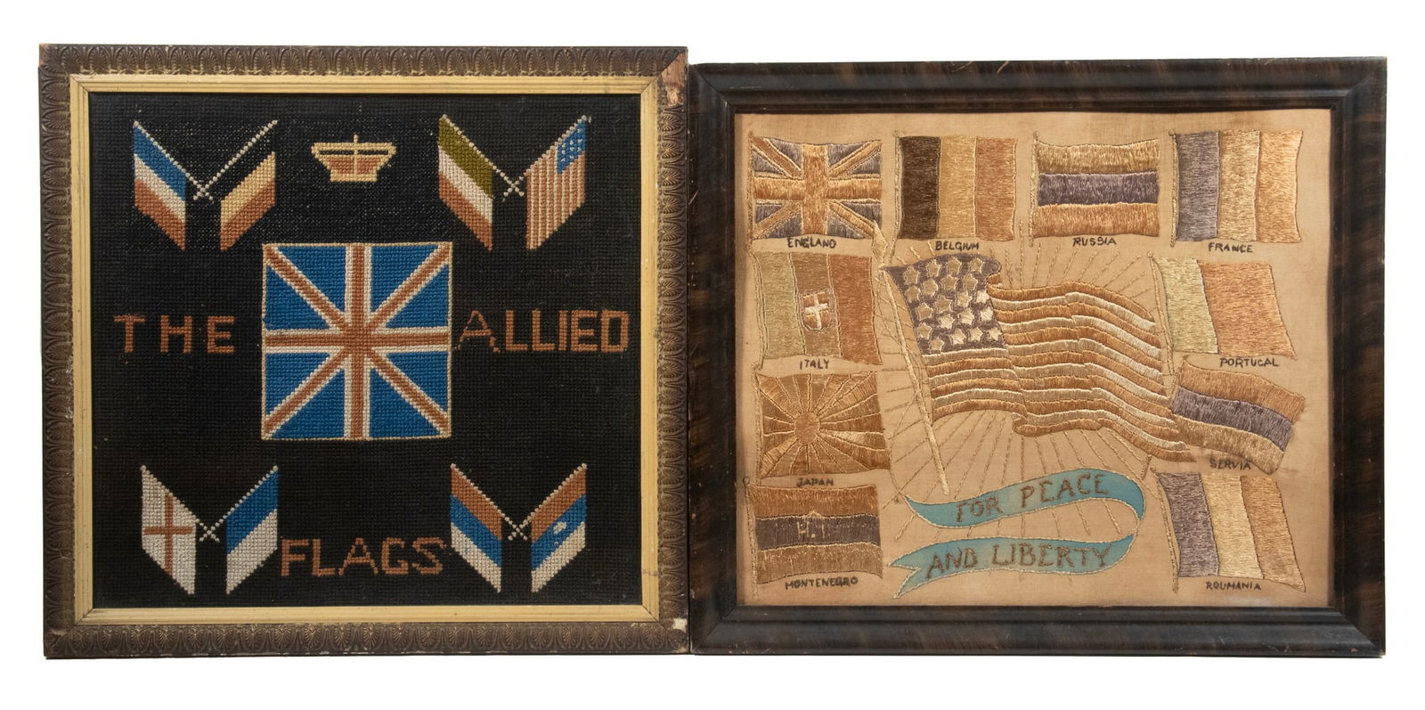 (2) FRAMED WWI ERA ALLIED FLAGS NEEDLEWORKS (1 of 3)