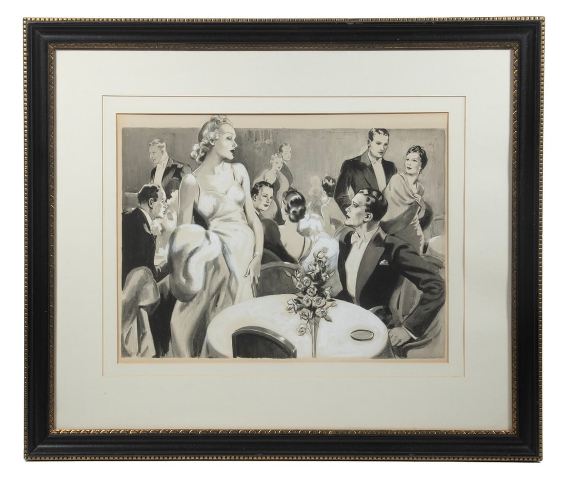 1930'S ORIGINAL B&W ILLUSTRATION: Nightclub Scene with standing woman confronting seated man at a table, gouache on board, unsigned, in black and gold cove frame, matted under glass.From the private collection of Sally Jessy Raphael C