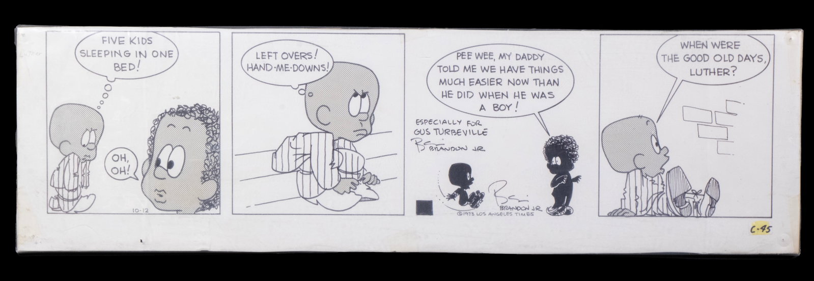 COMIC STRIP ART 1973 "LUTHER" BY BRANDON: Luther four frame cartoon by Brumsic (Ben) Branson, Jr. (1927-2014), dated 10/12/1973 for Los Angeles Times, india ink and duotone on illustration board, unframed, loose. Brandon was the first cartoon