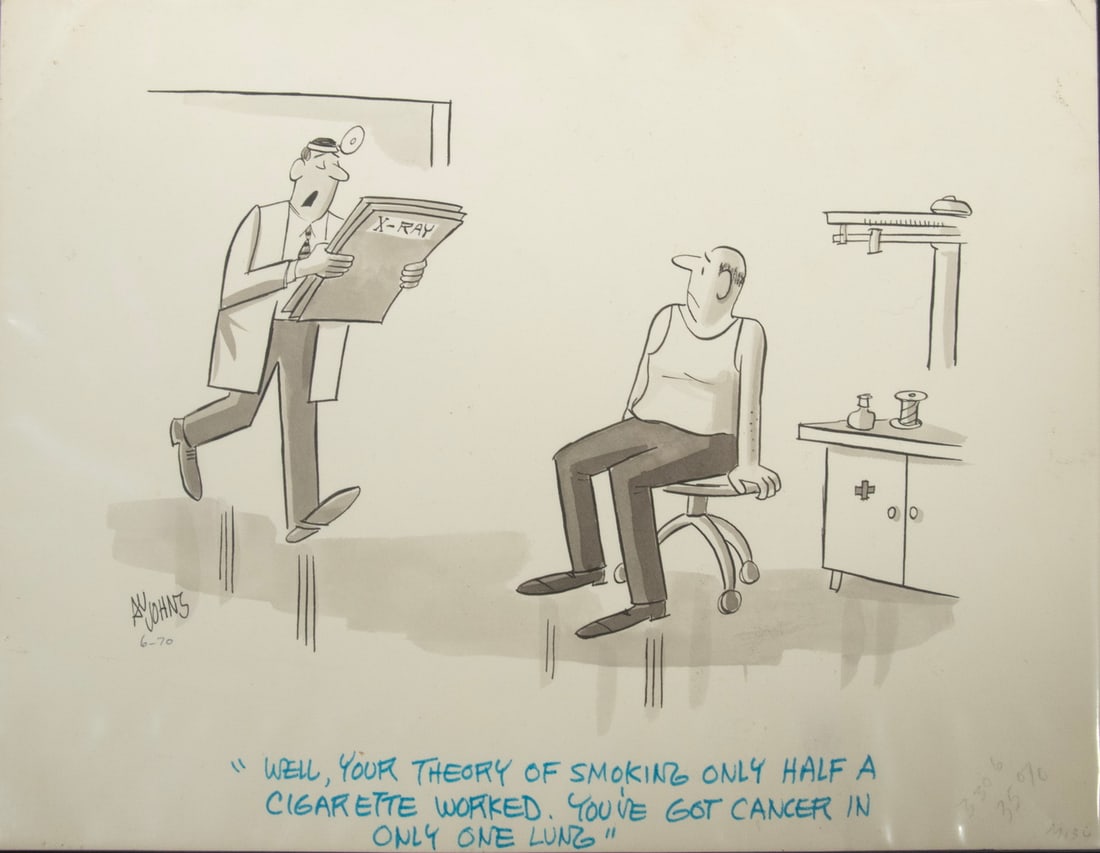 CARTOON ART 1970 AL JOHNS: Grim Medical Humor, a logical diagnosis, india ink on card, signed lower left, unframed. Stamped verso, used for "Smoke Signals", June 1970 Listen magazine, a modern temperance publication.From the co
