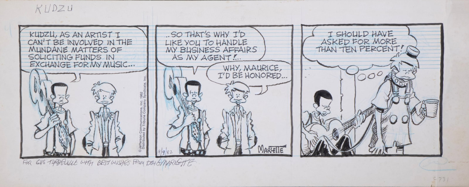 COMIC STRIP ART 1982 "KUDZU" BY DOUG MARLETTE (1949-2007): Kudzu three-frame strip, india ink and blue pencil, dated 9/9/82, inscribed to Gus Turbeville. Unframed. Pulitzer Prize winner.From the collection of Gus Turbeville, President of Coker College of Hart
