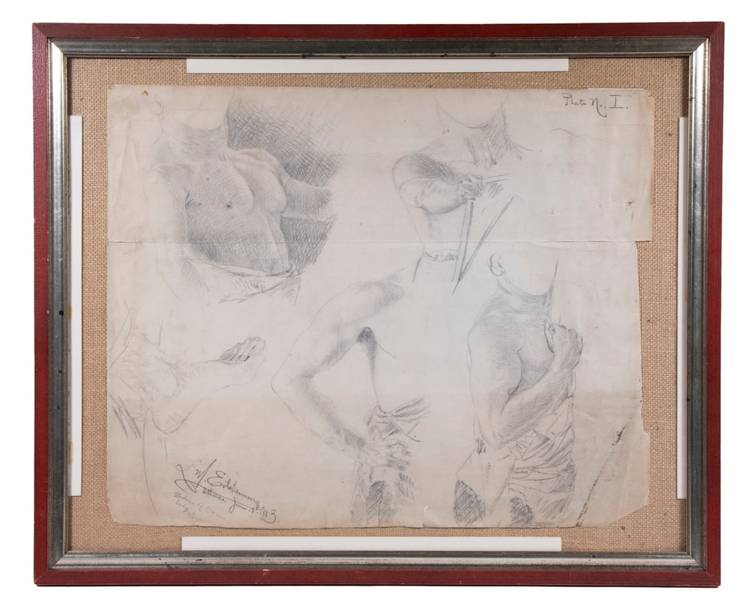 LOUIS MICHEL EILSHIEMIUS (NY/CA/NJ, 1864-1941): Studies of the Artist's Own Body, pencil on paper, signed and dated Jan 18,1883, marked 'Ithaca', studies done as a student at Cornell University in Ithaca, NY, age 19. Label verso from Salander-O'Rei