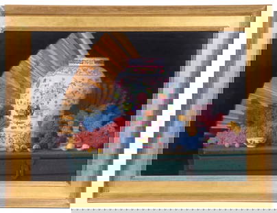 ROBERT SCOTT JACKSON (DE/PA/NC, 1964 - ): Oriental Vase, pastel on paper, depicting a realist still life of china with handfans and flowers, signed lower left, titled verso, in gilt bead-molded panel frame, under non-glare glass, fine conditi