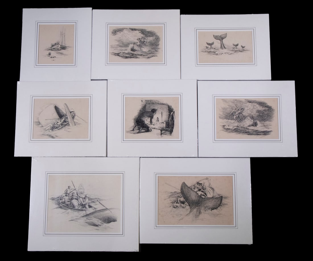 ANTON OTTO FISCHER (NY/GERMANY, 1882-1962): (8) Original Pen and Ink Illustrations of "Moby Dick", with a copy of the 1949 edition in which they appeared. Done on illustration board or heavy cardstock, nearly all are marked in margins with page