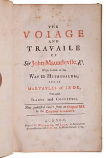 RARE ENGLISH EXPLORER'S BOOK, MAUNDEVILLE, 1727: First edition with Halliwells additions and introduction. Index of obsolete words. Rebacked calf with gilt edges, replaced endpapers. 384 pages. Soiling to title page, otherwise edge toned but clean.R