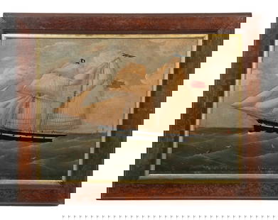 ATTRIBUTED TO GEORGE MEARS (UK, 1865-1910): The Frederick of Poole, portrait of a British topsail schooner underway, lighthouse in distance, oil on canvas, line of inscription at bottom mostly obliterated, old typed label verso, in burl molded