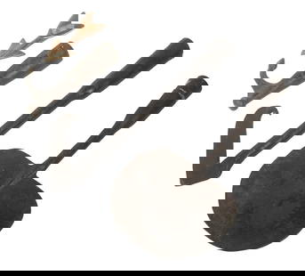 (4) VINTAGE WHALING TOOLS: Metal Portions only, including: Forged Iron Round Head Flensing Blade, 13" long, wood sheared off in socket; PLUS Forged Iron Open Triangular Flensing Blade, socket mount, 14 1/2" long; PLUS Bronze