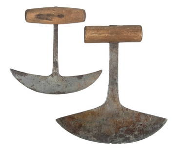 (2) 19TH C. SAILOR MADE WHALE BLUBBER CLEAVERS (Ulus): Hand Forged Iron Ulu Flensing Blades with wooden T-handles, the smaller of the two is stamped with initials 'I.W.', dated 1820, and has punch decoration, 8" x 7 1/2" & 5 3/4" x 5 3/4", still very