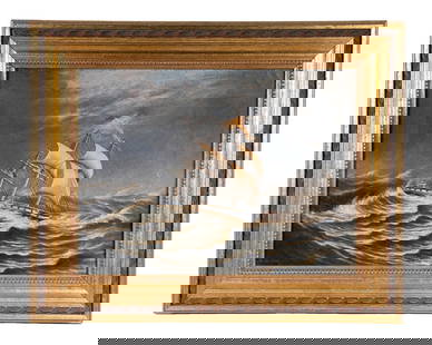 A. ONSLOW SMALL MARINE PAINTING OF WAR SHIP: Sailing Ship in Rough Storm, oil on canvas, signed lower left "A. Onslow, '82" and with handwritten old label that reads: "British Man of War running free before a heavy sea, as onward the ship o'er