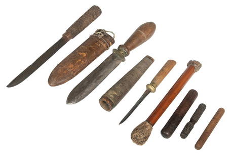 LOT OF (7) SAILOR'S TOOLS & WEAPONS: A small collection of handmade sailor's effect, mostly knives. The lot includes (3) pill-shaped containers for sewing needles, PLUS (3) handmade knives, two with sheathes, PLUS one small club. Two of