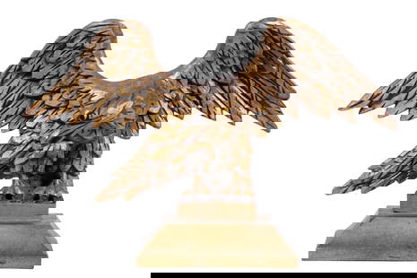 CARVED WOODEN EAGLE: Circa 1930s Standing Spread Wing Eagle Sculpture, nicely carved, with gilded and painted surface, likely created as a finial, mounted on a gilded wooden base.Converted dimensions: 9 1/2 x 15 x 5 in.