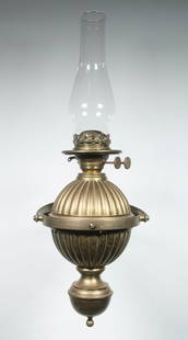 R. HOLLINGS & CO. GIMBAL SHIP'S LANTERN: 19th c. Wall Mounted Oil Cabin Lamp, with original Duplex kerosene burner, brass font, bronze gimballed holder signed "R. Hollings, Boston", with glass chimney.Converted dimensions: 24 x 14 1/2 x 8