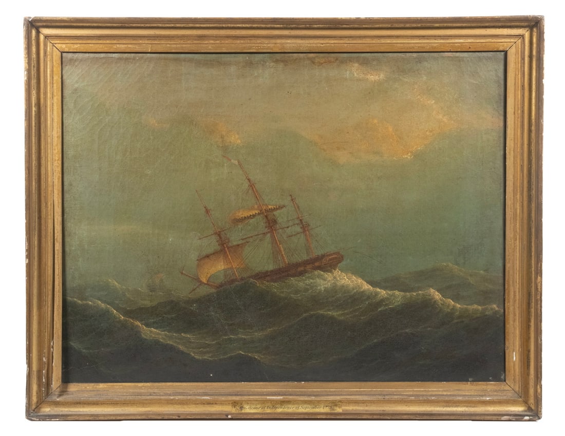 18TH C. MARINE PAINTING AMERICAN REVOLUTION: Hurricane of Independence of September 1775, oil on canvas, unsigned, depicting crew desperately trying to furl the mainsail, possibly in pursuit of the second distant ship. In vintage gold cove frame