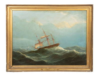 18TH C. MARINE PAINTING AMERICAN REVOLUTION: Hurricane of Independence of September 1775, oil on canvas, unsigned, depicting crew desperately trying to furl the mainsail, possibly in pursuit of the second distant ship. In vintage gold cove
