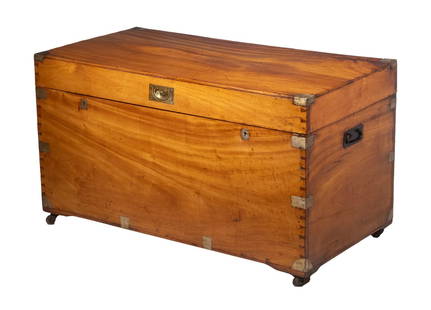 CHINESE CAMPHORWOOD CHEST: Large 19th c. Brass Bound Trunk, with exposed dovetailed corners, flush mounted brass lid lift and metal side handles, aromatic interior. Lid warped (has attached side hasp to hold it