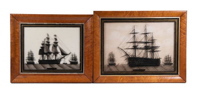 (2) 18TH-19TH C. BRITISH REVERSE GLASS PAINTINGS OF SHIPS: Portraits of Man-o-War, including: HMS "Foudroyant" & HMS "Royal Albert", both featuring three views of the same ship. The first in domed birdseye maple frame, OS: 17" x 22", SS: 13 1/2" x 18 1/2",