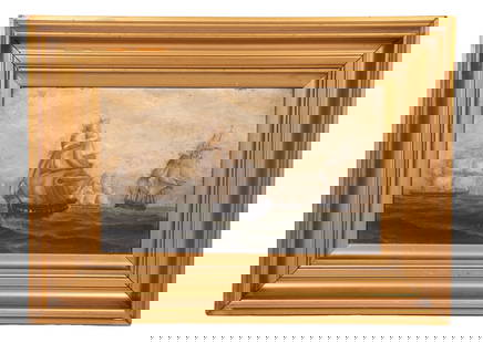 19TH C. SMALL MARINE PAINTING OF SHIPS: A Crowded Sea, depicting four merchant sailing ships in tight proximity, to the extent that their sails are luffing on the bend, oil on academy board, initialed "JP" lower right and dated 1881, in