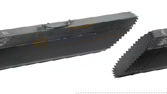 19TH C. MARINER'S CHART CASE: Long Octagonal Black Painted Spruce Case, circa 1800-1850, having brass handle, hinges and hasps, the interior partitioned into fourths by black oilcloth.Converted dimensions: 24 1/2 x 6 1/2 x 6 1/2