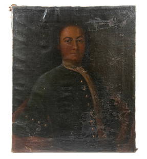 POSSIBLE PORTRAIT OF EARLY 18TH C. GOVERNOR OF THE BAHAMAS: Purportedly Woodes Rogers (c 1679-1723), oil on linen, unsigned, depicted in Georgian Naval Officer's uniform, unframed, heavy rippling, losses.Rogers was British Governor of Nassau, Bahamas