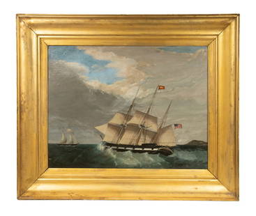MANNER OF FITZ HENRY LANE (MA, 1804-1865): Portrait of the American Brigantine "Wolga" underway in choppy sea near the coast, schooner behind, oil on coarse linen, in what appears to be the original domed lemon gold frame. untouched.The