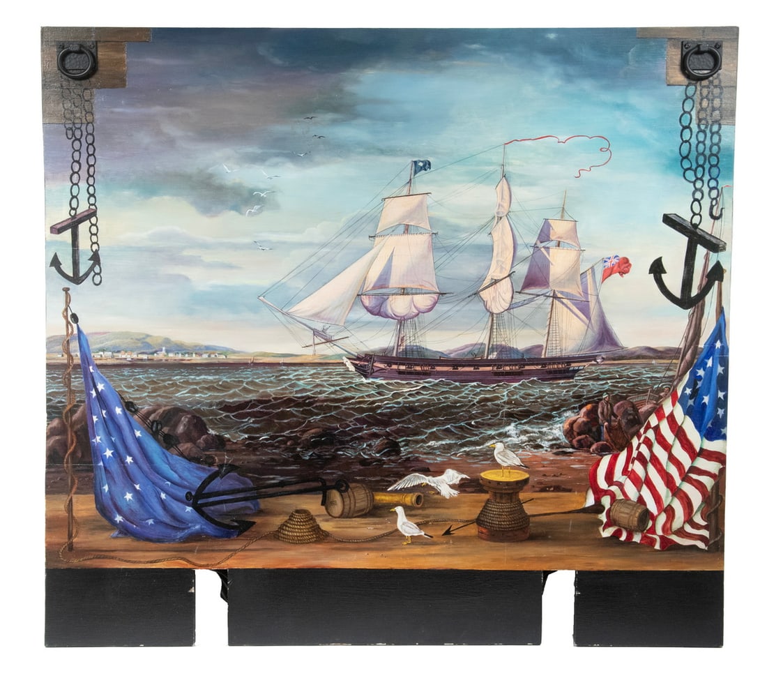 BEATRICE S. UTLEY (US, 1915-1998) PAINTED FIREBOARD: View of Three-Mast British Ship near an American shore, oil on wooden panel as fireboard, signed and dated September, 1990 verso with artist's acknowledgement to marine artists Robert O. Salmon and Fi