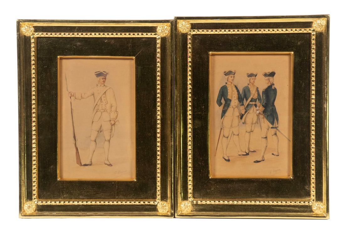 PAIR OF REVOLUTIONARY WAR FRENCH UNIFORM MINIATURES: Officers of Regiment, Royal Deux-Portes", Revolutionary War, 1781" & "Private of Regiment "Saint-Onge", Revolutionary War, 1781", watercolor on card, in matching bright gold frames, under plexi. Conve