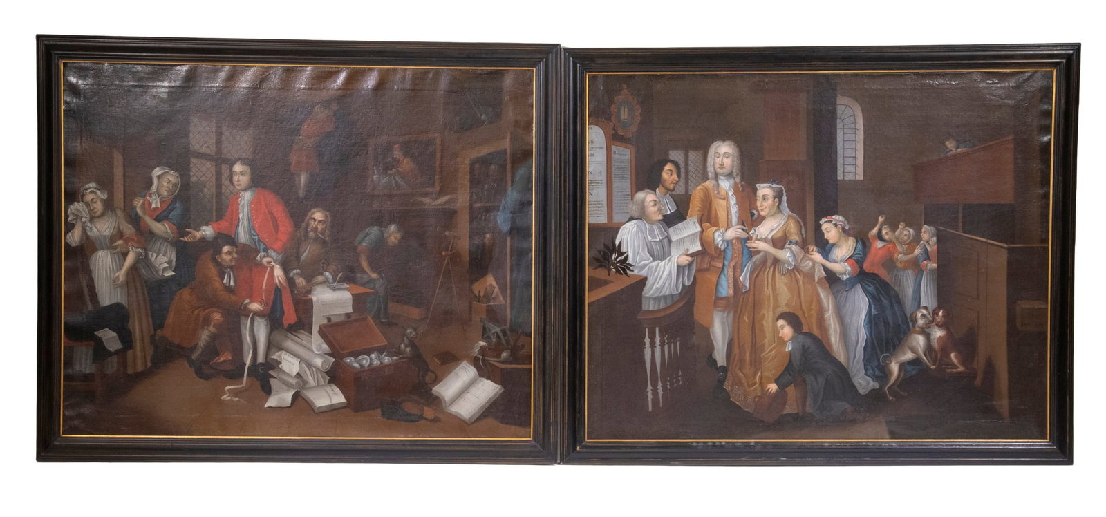 PAIR OF 18TH C. AMERICAN RENDITIONS OF WILLIAM HOGARTH MORALISTIC ALLEGORICAL PAINTINGS: The Heir & "The Marriage" from "A Rake's Progress", part of a series of eight painted 1732–1734, then engraved in 1734 and published in print form in 1735. Closely copied, oil on canvas, unsigne