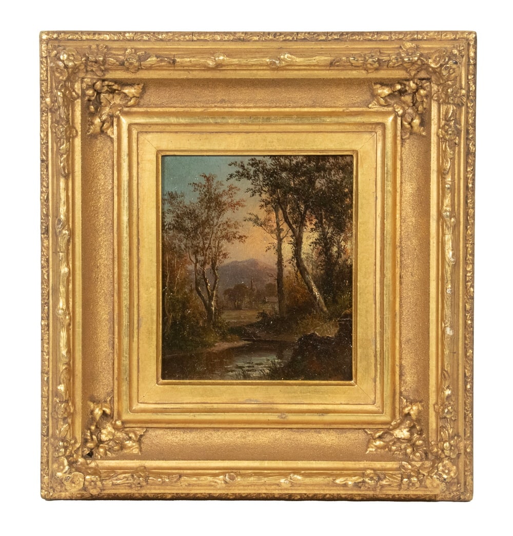 JOHN FREDERICK KENSETT (NY/CT, 1816-1872): Catskill NY Landscape, oil on cardstock, initialed "F.K." lower right, in vintage gilt matched corner cove frame. Converted dimensions: Sight: 5 1/2 x 4 1/2 in. (14 x 11.4 cm.) Frame: 11 1/2 x 10 1/2