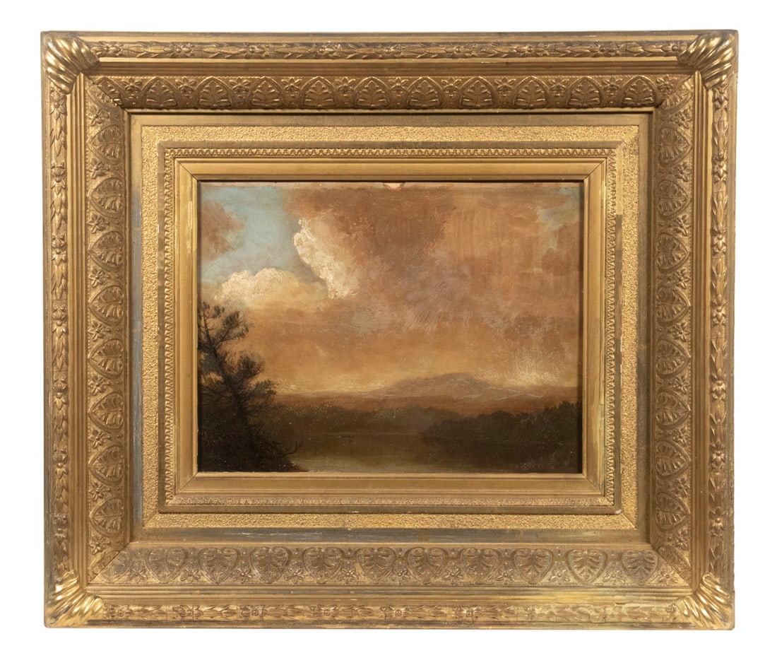 FREDERIC EDWIN CHURCH (NY/CT/MEXICO, 1826-1900): Mt. Katahdin, oil on academy board, signed lower right, label verso from Plaza Art Galleries, New York, in vintage gilt gesso deep cove frame, chipped edge top center. Converted dimensions: Sight: 9 x