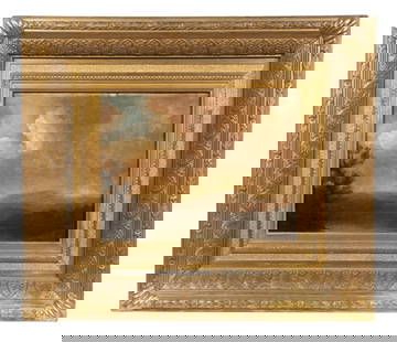 FREDERIC EDWIN CHURCH (NY/CT/MEXICO, 1826-1900): Mt. Katahdin, oil on academy board, signed lower right, label verso from Plaza Art Galleries, New York, in vintage gilt gesso deep cove frame, chipped edge top center. Converted dimensions: Sight: 9 x