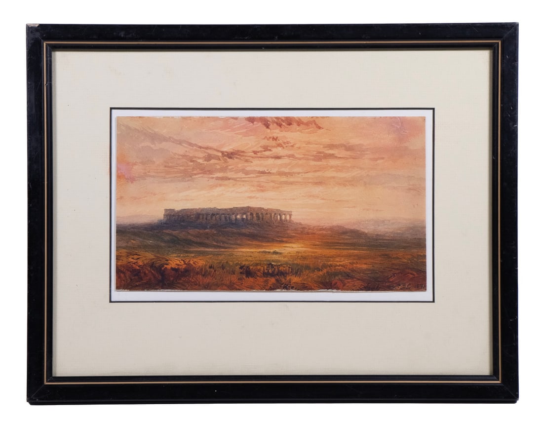 FREDERIC EDWIN CHURCH (NY/CT/MEXICO, 126-1900): Temple of Neptune at Paestum, watercolor on paper, initialed and dated lower right "F.E.C., 1873". In black stick frame, floated within mat under glass.Church first traveled to Italy and the surroundi