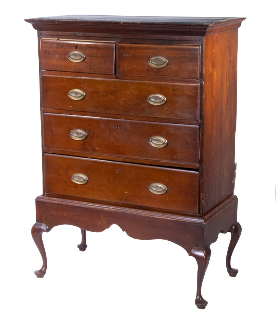 QUEEN ANNE CHEST ON FRAME: 18th c. Mahogany Chest, having a molded edge cornice top with exposed dovetails, two over three molded edge drawers, oval brass drop bail pulls with eagle decoration, set on a frame base with shaped s