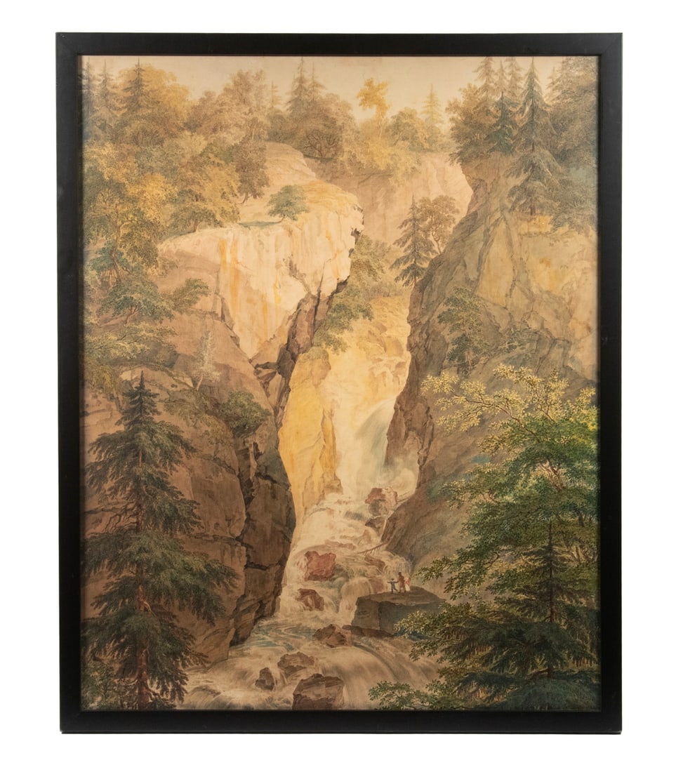 JOHN HENRY HILL (NY/CA, 1839-1922): Glen Ellis Falls, White Mountains, watercolor on paper, unsigned, modern inscription verso identifies artist and location, in black box frame, under plexi. Converted dimensions: Sight: 28 x 22 in. (71