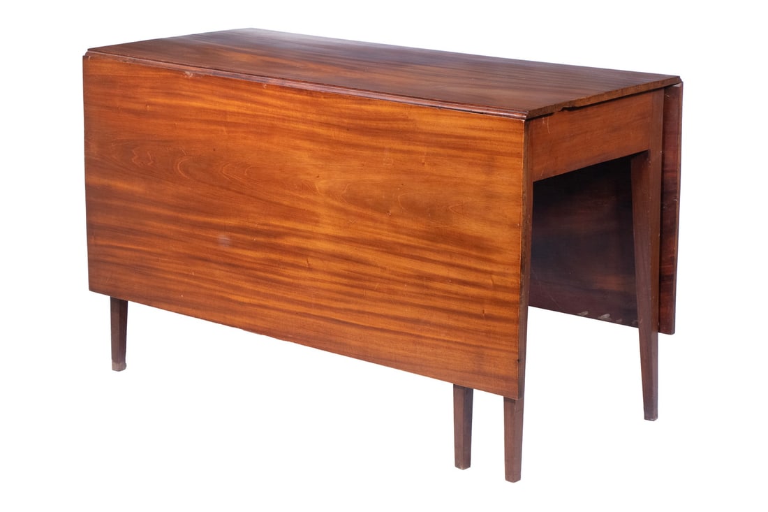 HEPPLEWHITE DINING TABLE: Early 19th c. Mahogany Drop-Leaf Table, with nicely figured single board top and side leaves, set on square tapered legs, 29 3/4" high, 48" x 21 1/2" (21 1/2" leaves). Converted dimensions: 29 3/4 x 4