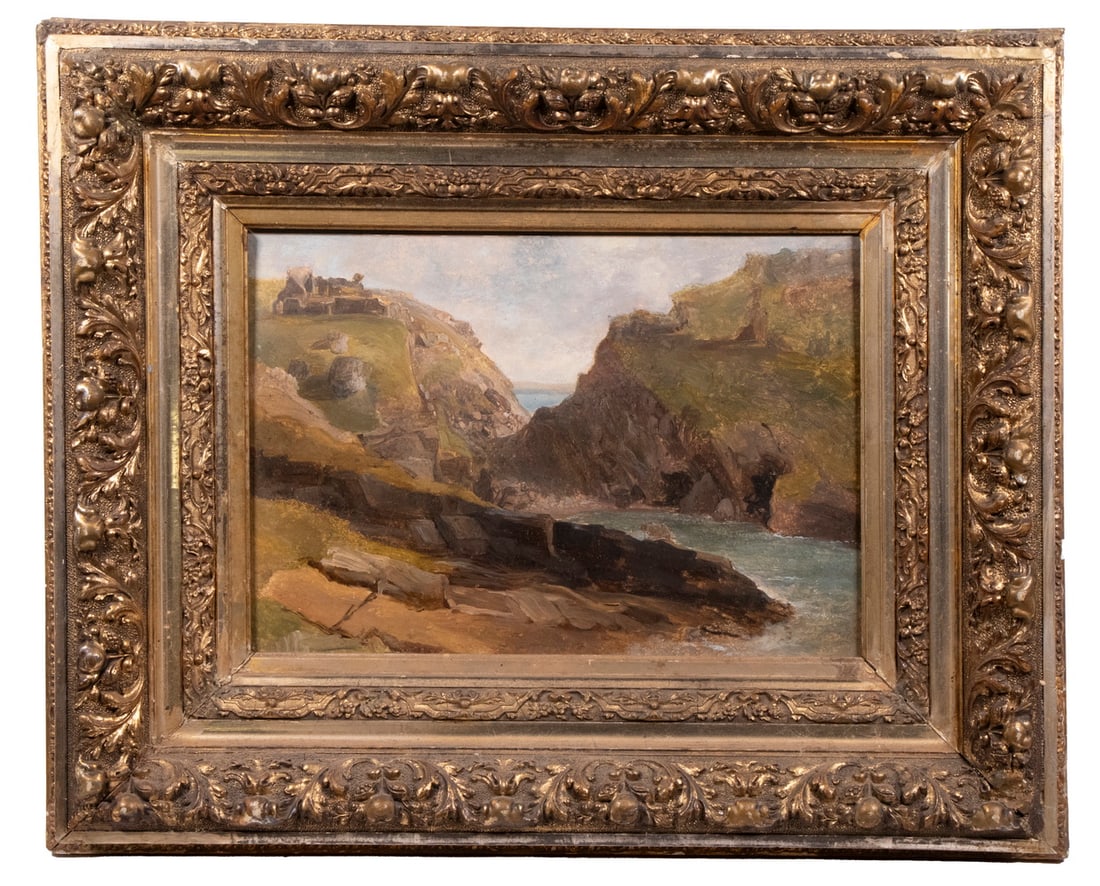 LATE 19TH C. MAINE COASTAL LANDSCAPE: Lodge on Precipice over Dramatic River Canyon with Sea Beyond, oil on mahogany, unsigned, housed in the original deep cove gilt gesso frame.From the Estate of Bowdoin Professor William Collins Watters